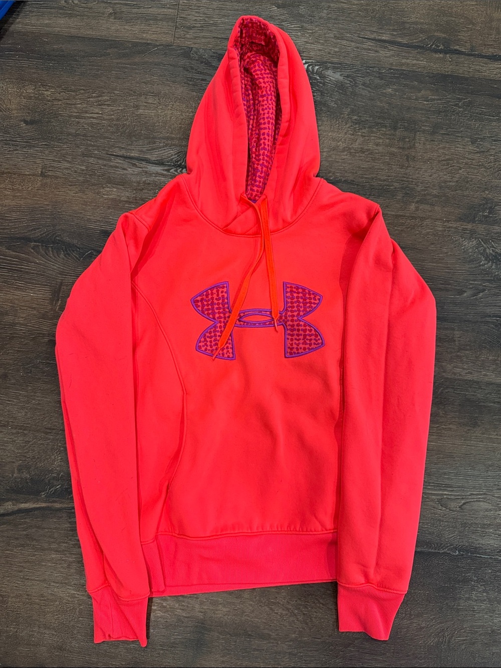 Under Armour Neon Coral Hoodie with Purple Logo